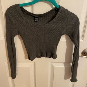 SHEIN Charcoal Ribbed V-Neck Long Sleeve Top